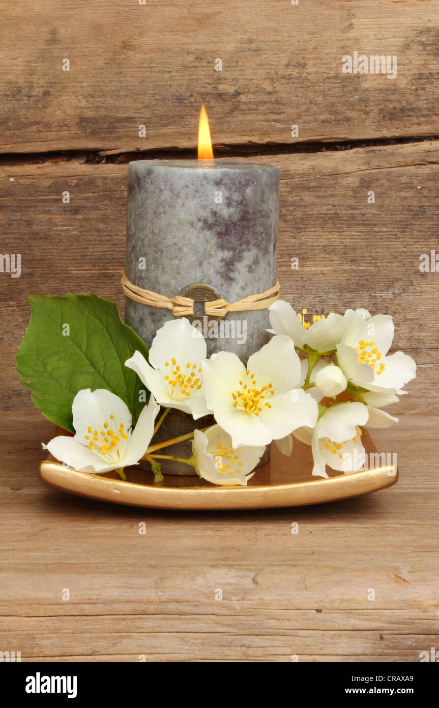 Brûler bougie Feng Shui et blanc philadelphus fleurs sur un plat d'or sur  un fond de bois patiné Photo Stock - Alamy