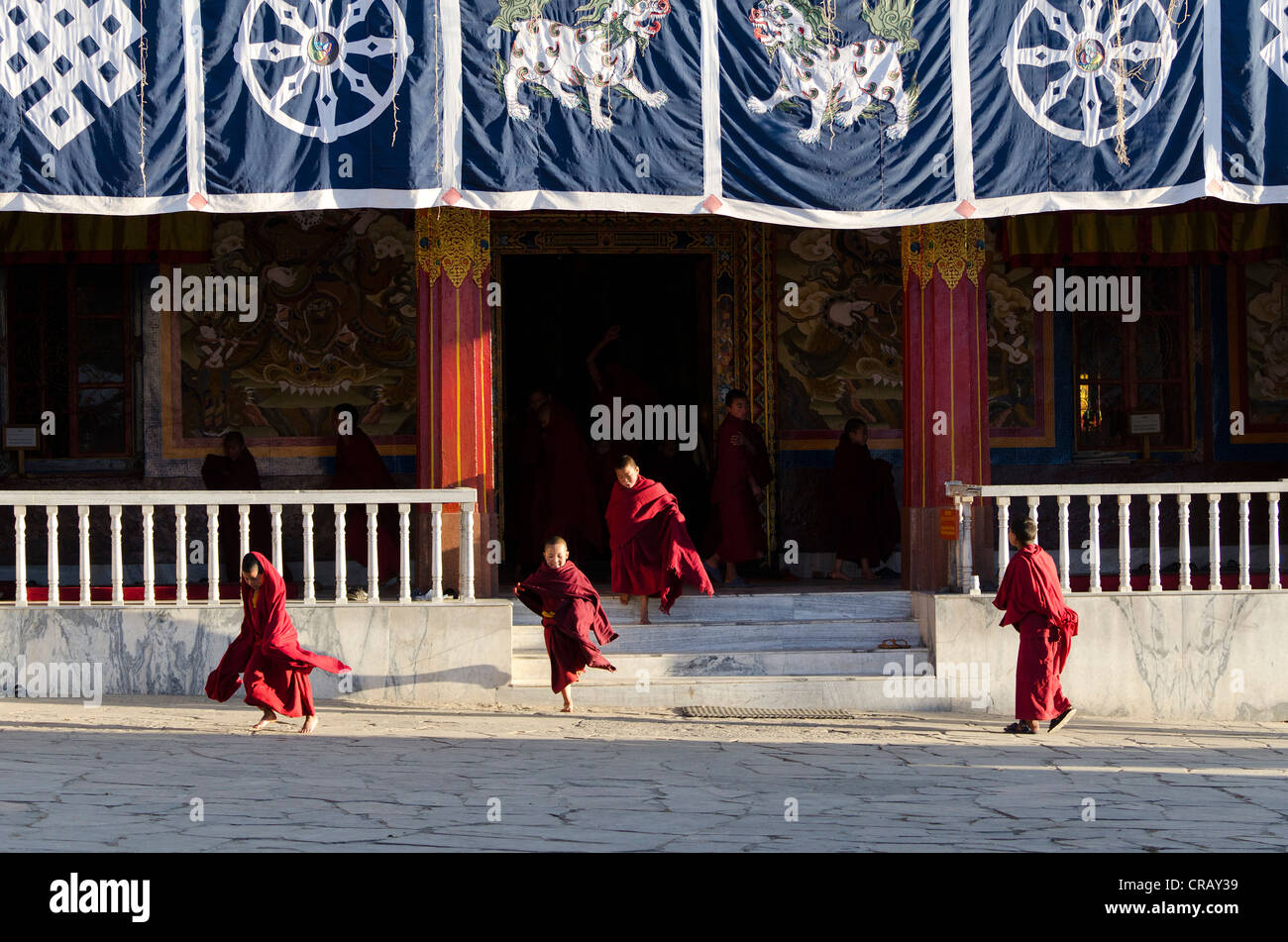 Moines de quitter la salle de prière après la prière du matin, Namgey Galden Lhatse monastère, le plus grand monastère bouddhiste de l'Inde Banque D'Images