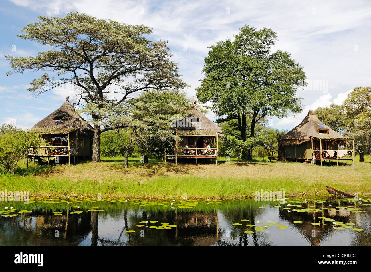 Chalets à Camp Kwando, lodge et camping sur la rivière Kwando, bande de Caprivi Strip, de l'Okavango ou la Namibie, l'Afrique Banque D'Images