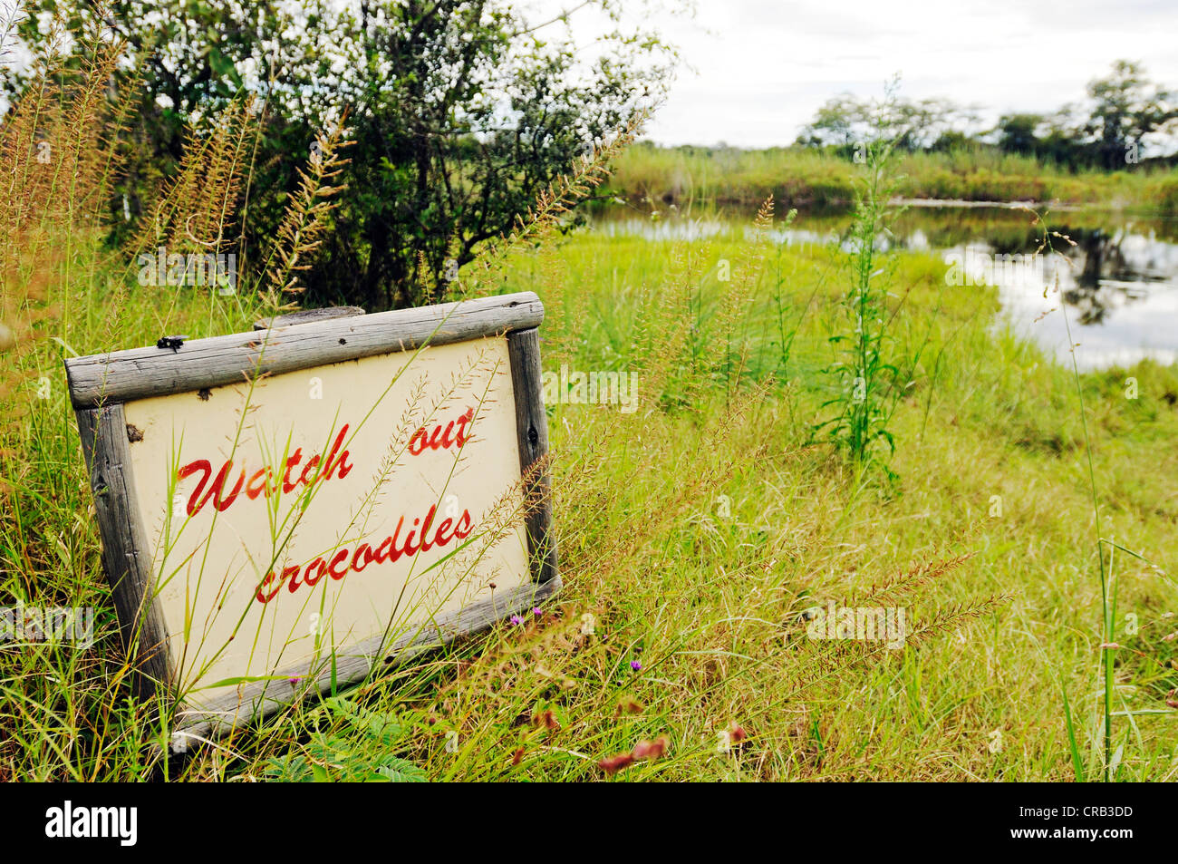 Panneau "Attention, les crocodiles", Camp Kwando, lodge et camping sur la rivière Kwando, bande de Caprivi Strip, la Namibie Okavango ou Banque D'Images