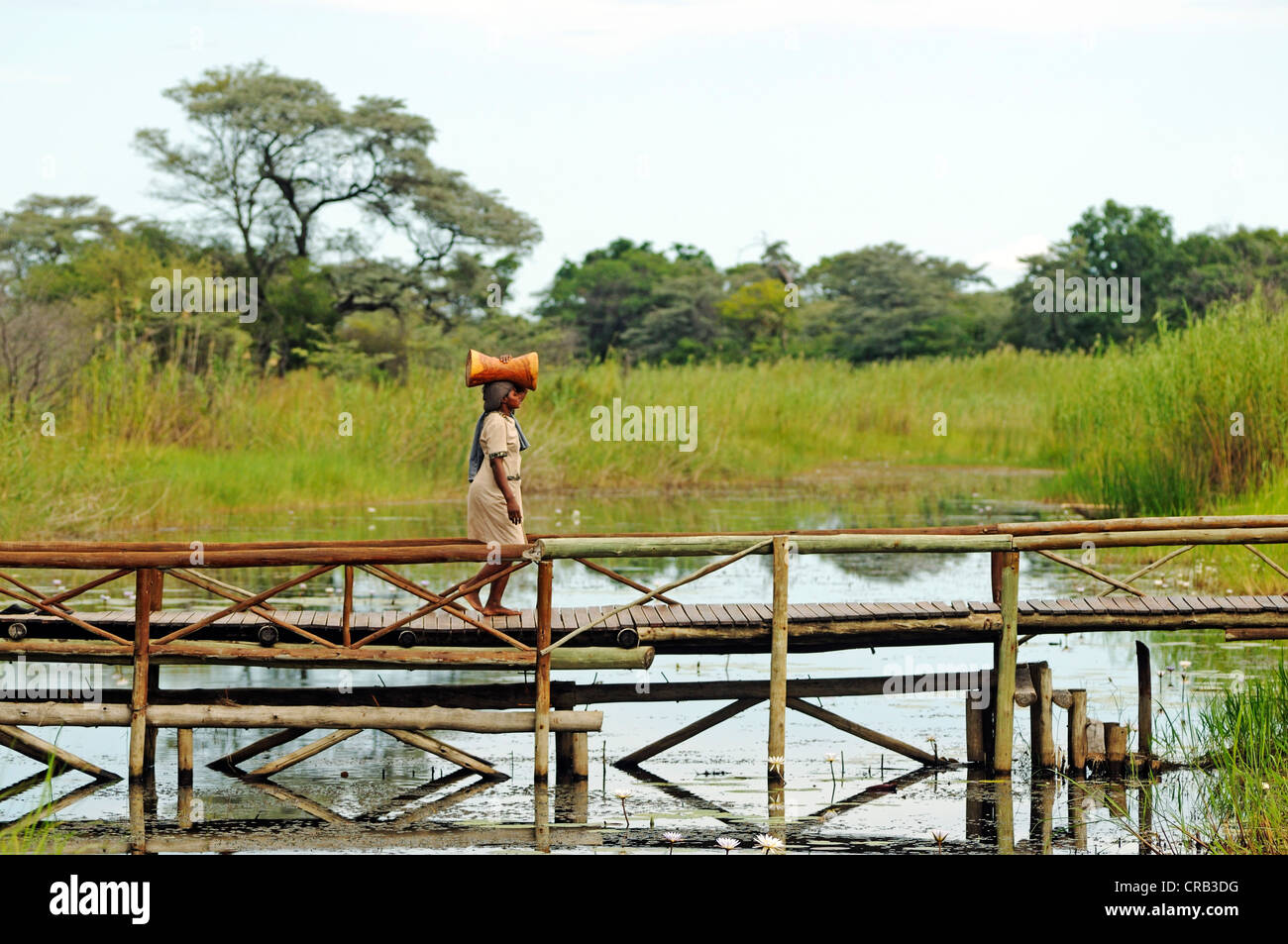 Femme avec une charge sur sa tête sur un pont au Camp Kwando, lodge et camping sur la rivière Kwando Banque D'Images