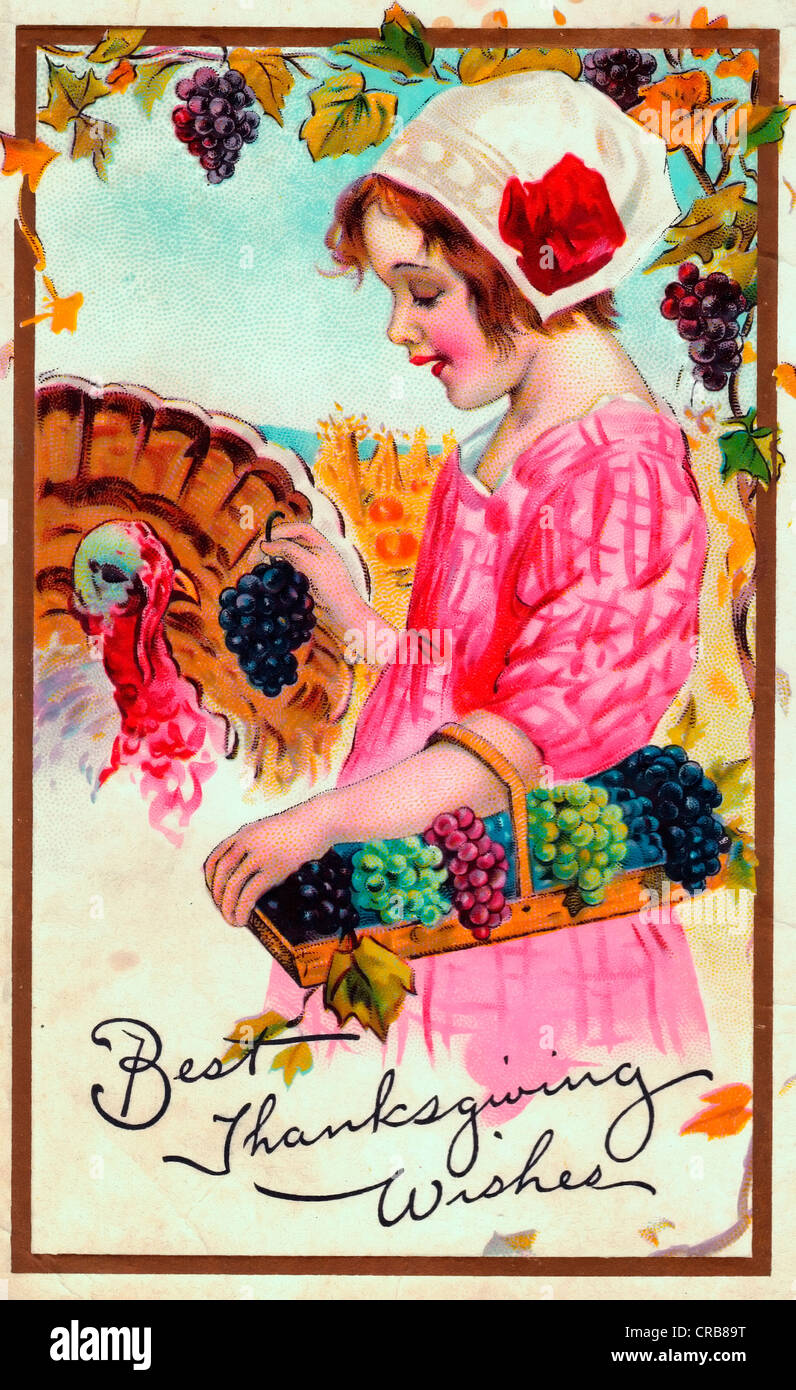 Meilleurs Vœux de grâce - carte vintage femme avec des fruits et de la turquie Banque D'Images