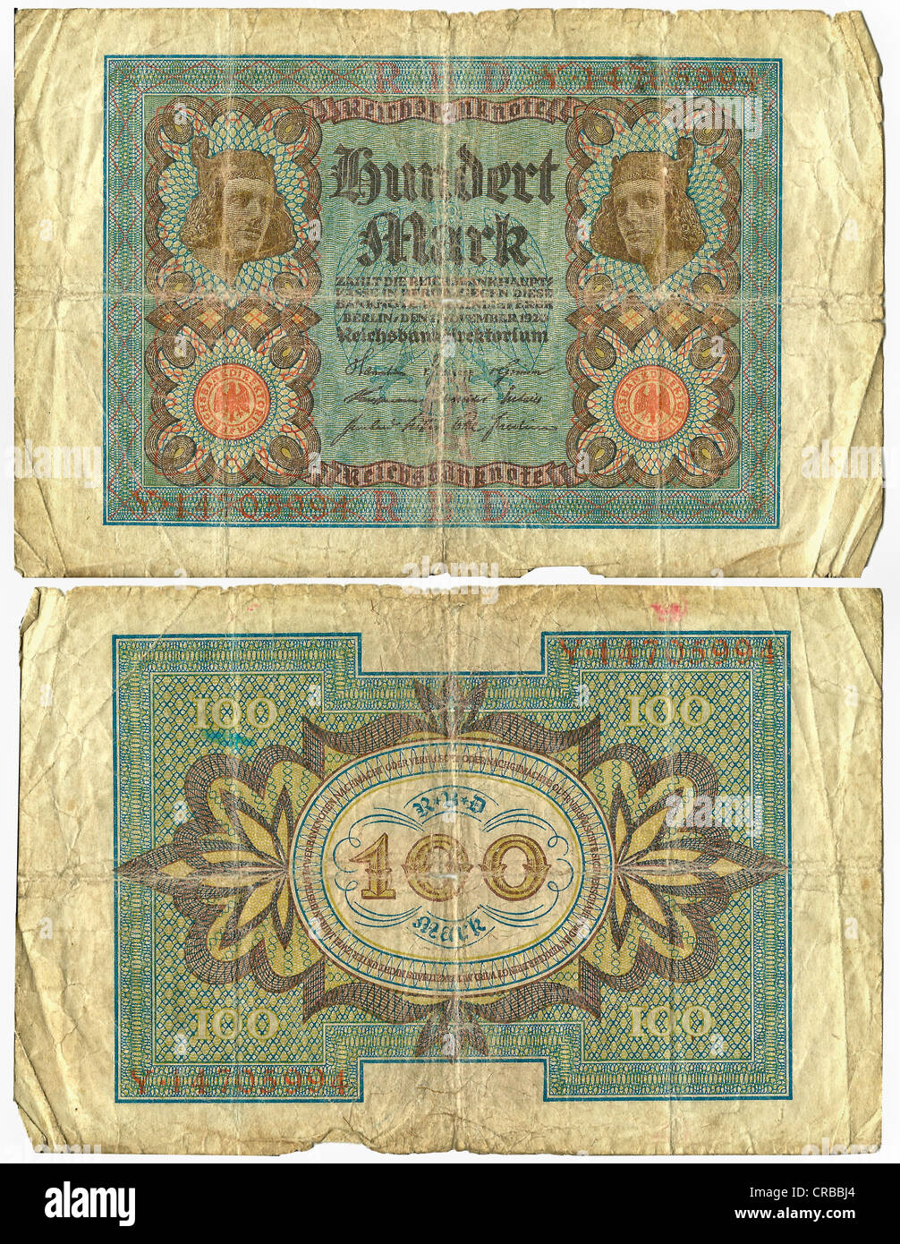Ancien billet, avant, Reichsbanknote, 100, mark Reichsbankhauptkasse, Reichsbankdirektorium, vers 1920 Banque D'Images