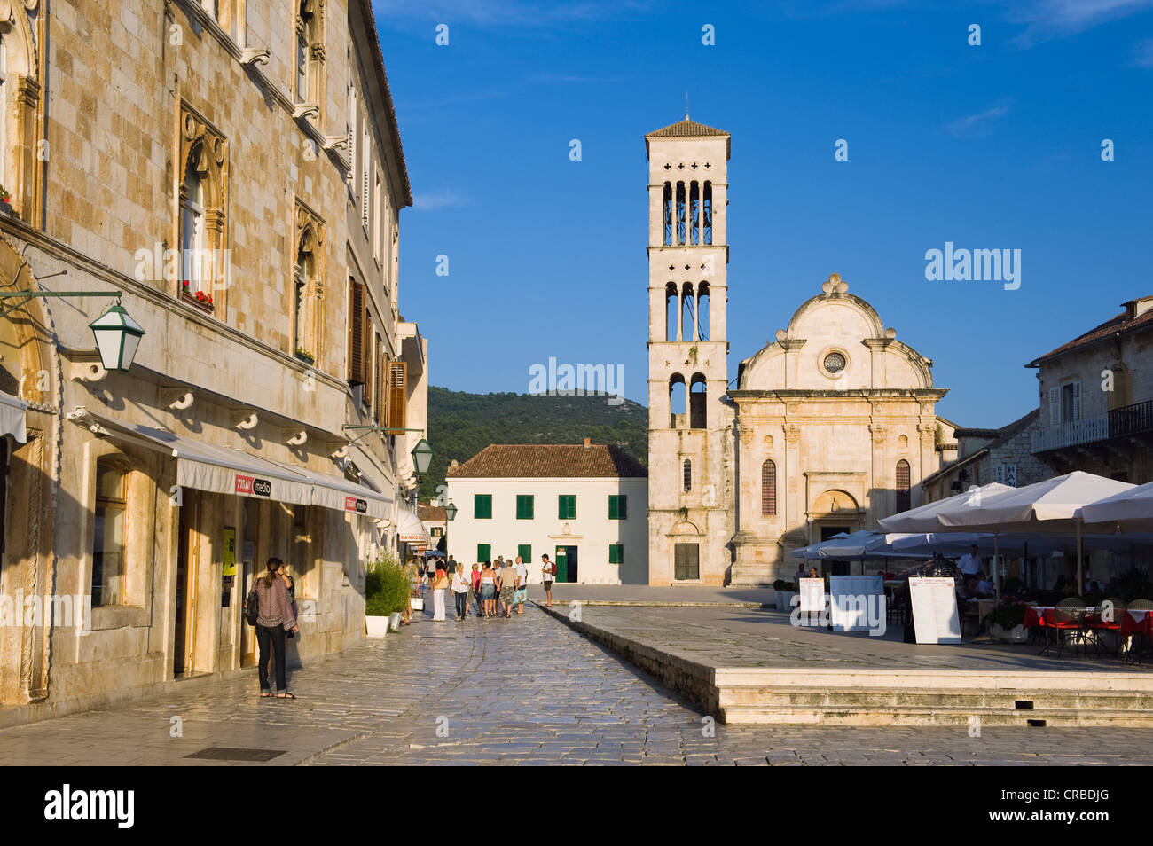 La Place Saint-Marc, Sveti Stjepan Cathédrale, ville de Hvar, Hvar, Dalmatie, Croatie, Europe Banque D'Images