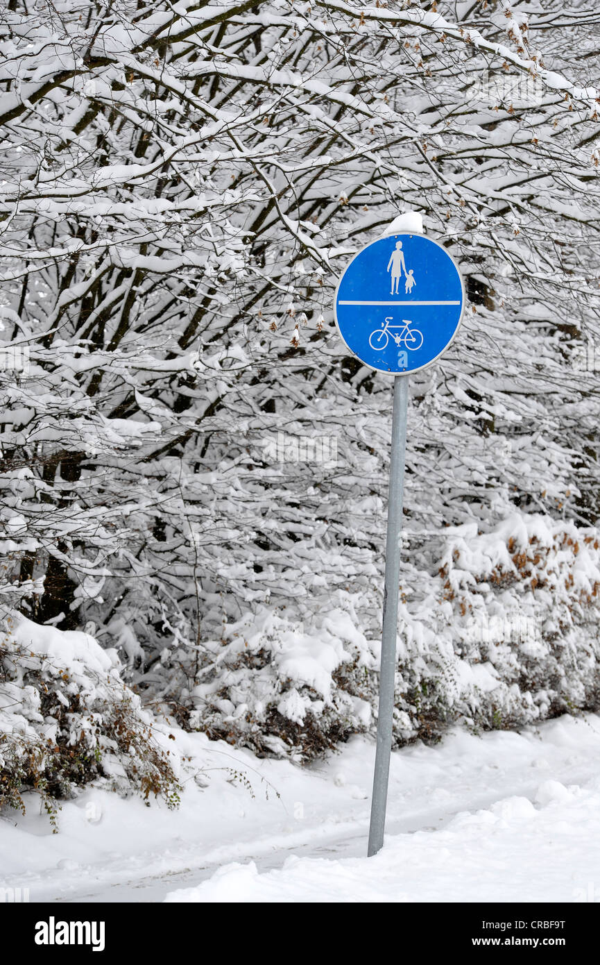 Sentier et couverte de neige en hiver, piste cyclable obligatoire-sign Banque D'Images Sentier et couverte de neige en hiver, piste cyclable obligatoire-sign Banque D'Images