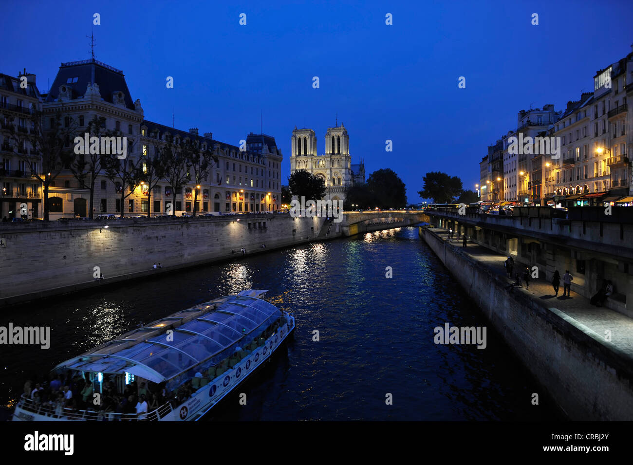 Photo de nuit, la façade occidentale de la Cathédrale Notre-Dame, bateau-mouche bateau d'excursion croisière sur la Seine dans l'avant-plan Banque D'Images