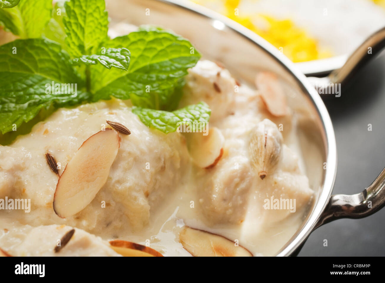 Close-up de poulet korma curry, un curry doux et crémeux, à la cardamome, des amandes et de feuilles de menthe. Banque D'Images