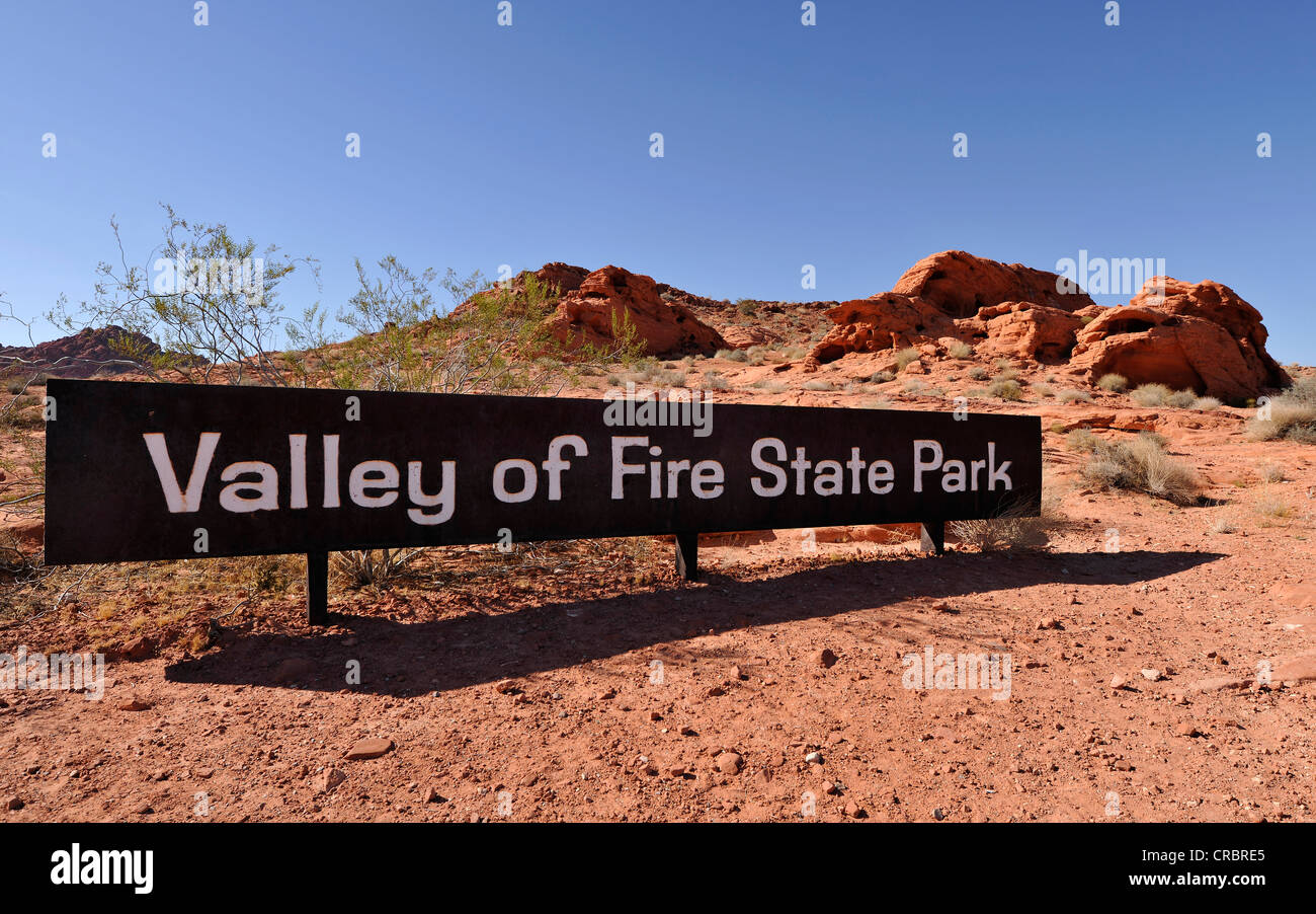 Panneau de bienvenue, la Vallée de Feu State Park, Nevada, United States of America, USA Banque D'Images