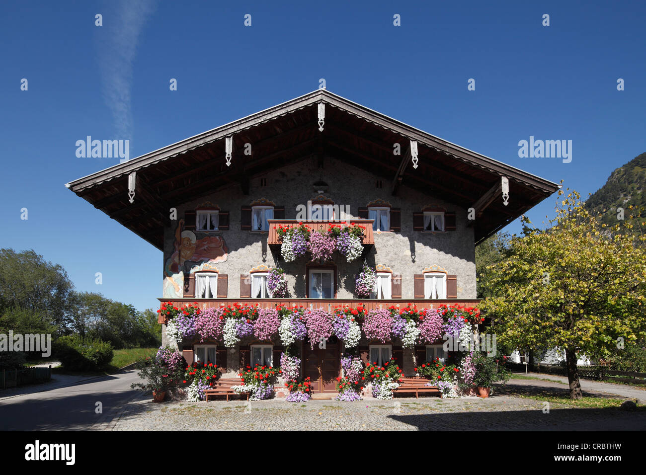 Chambre avec des fleurs à Übersee, Chiemgau, Upper Bavaria, Bavaria, Germany, Europe, PublicGround Banque D'Images