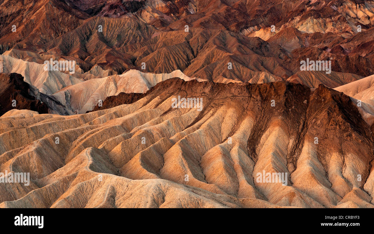 Vue de Zabriskie Point à Manly Beacon avec ses roches érodées par les minéraux colorés, Panamint range à l'arrière, l'aube, le lever du soleil Banque D'Images