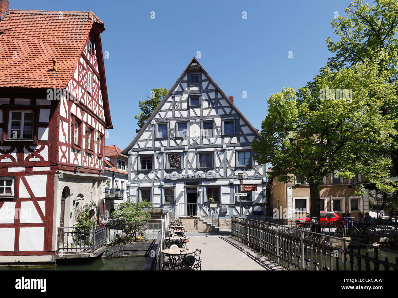 Wiesentbruecke Kammerersmuehle historique avec pont, bâtiment à colombages, gauche, Forchheim, la Suisse Franconienne Banque D'Images