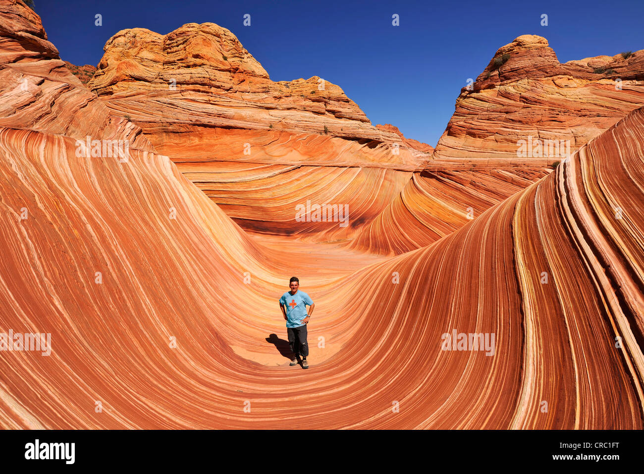 Dans la vague touristique, des rochers de grès Navajo érodé avec bandes de Liesegang, Liesegangen ou bagues, anneaux de Liesegang, Nord Banque D'Images