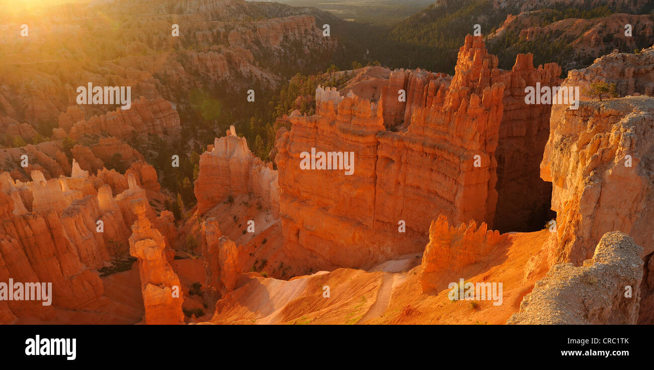 Des formations rocheuses et des cheminées, le Pape et le marteau de Thor, sunrise, Sunset Point, Bryce Canyon National Park, Utah Banque D'Images