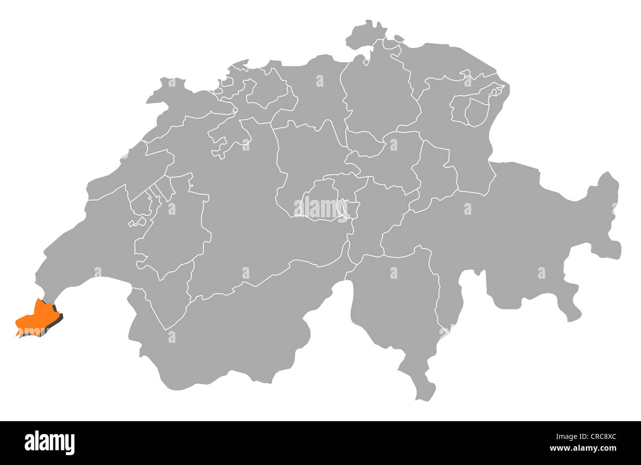Carte politique de la Suisse avec l'plusieurs cantons où Genève est en surbrillance. Banque D'Images
