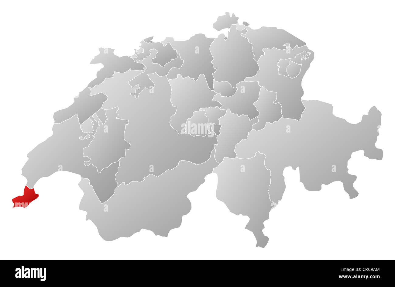 Carte politique de la Suisse avec l'plusieurs cantons où Genève est en surbrillance. Banque D'Images