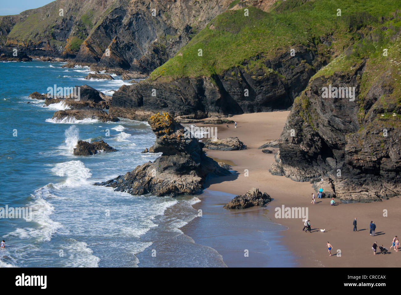 Llangrannog et plages avec Cilborth Carreg Bica Rock Pile et falaises spectaculaires Ceredigion Cardigan Bay Mid Wales UK Banque D'Images