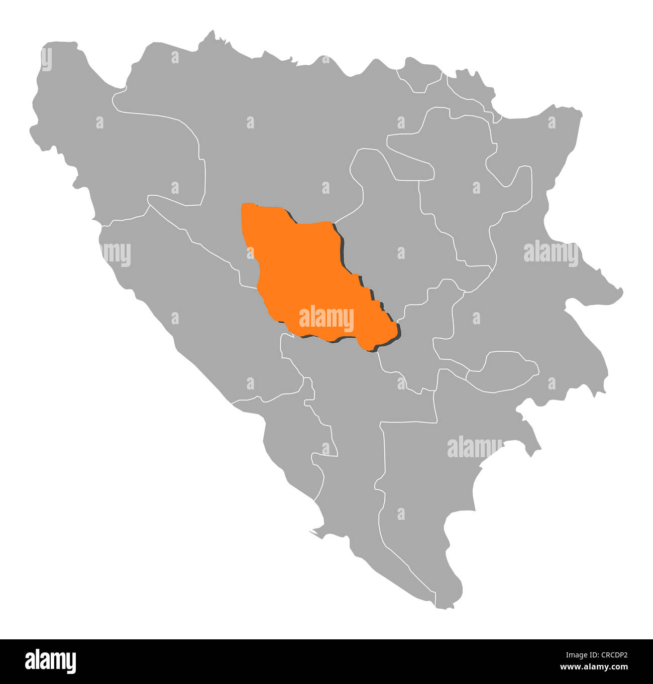 Carte politique de la Bosnie-Herzégovine avec l'plusieurs cantons où la Bosnie centrale est mis en évidence. Banque D'Images