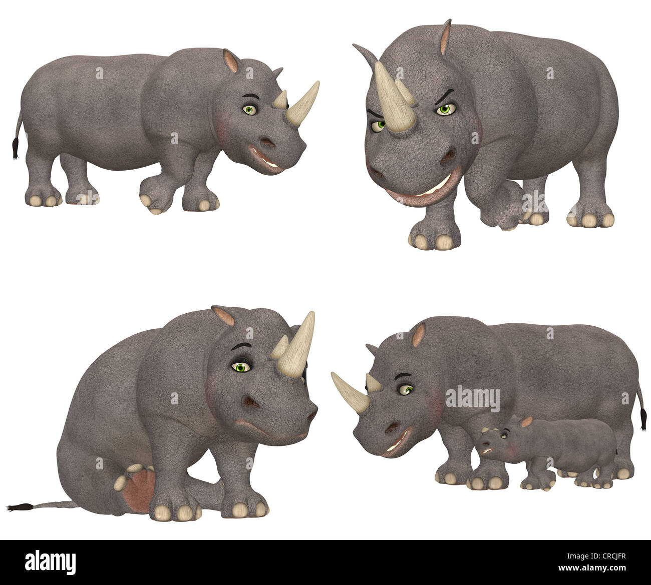 Illustration d'un pack de quatre (4) rhinoceros avec différentes poses et expressions isolé sur fond blanc Banque D'Images