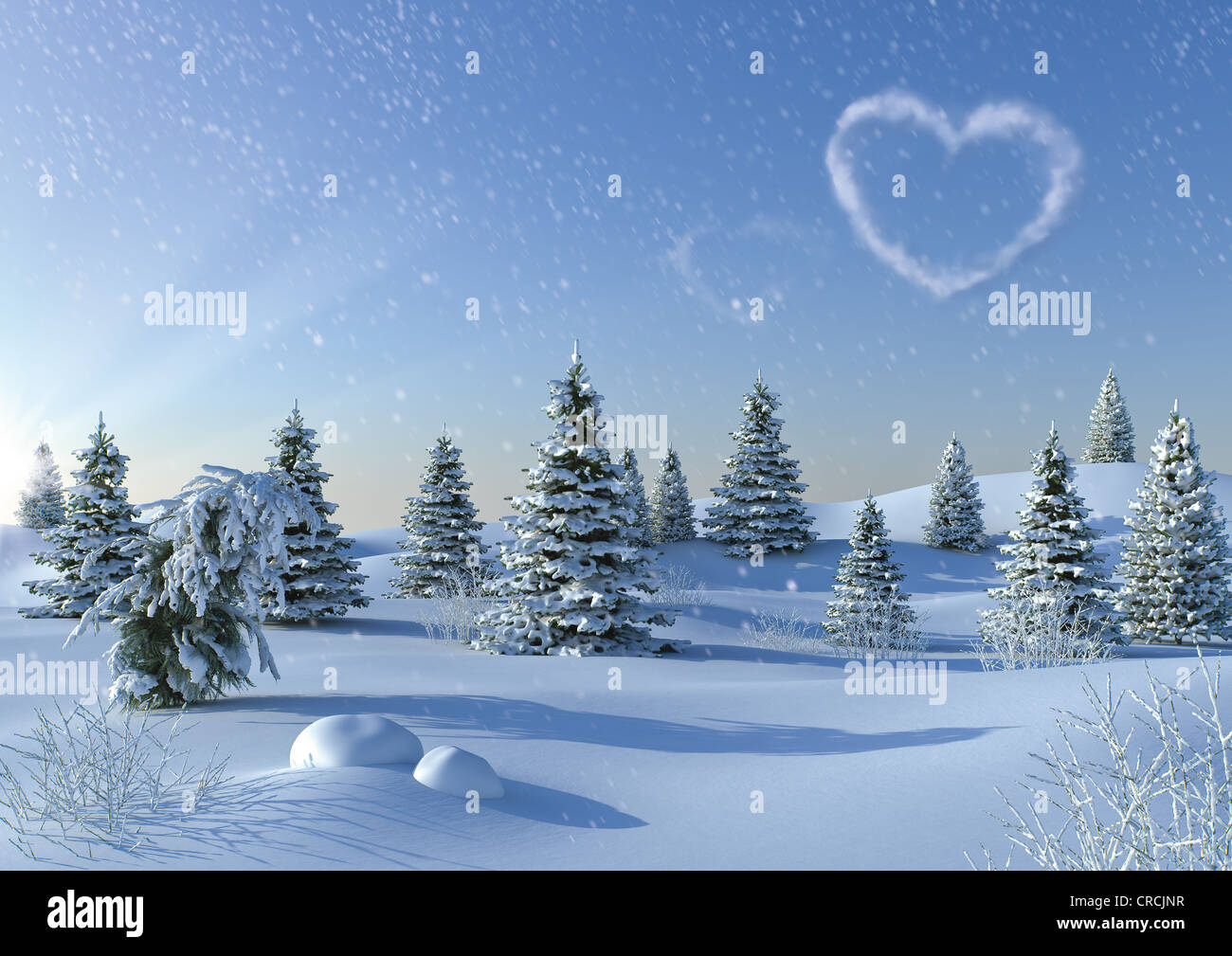 Paysage d'hiver avec un nuage en forme de coeur, illustration Banque D'Images
