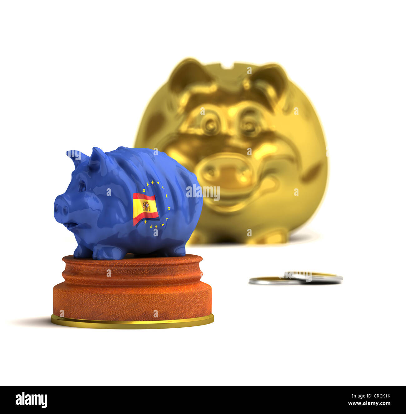 Tirelire avec un drapeau espagnol en face d'un golden piggy bank, illustration Banque D'Images