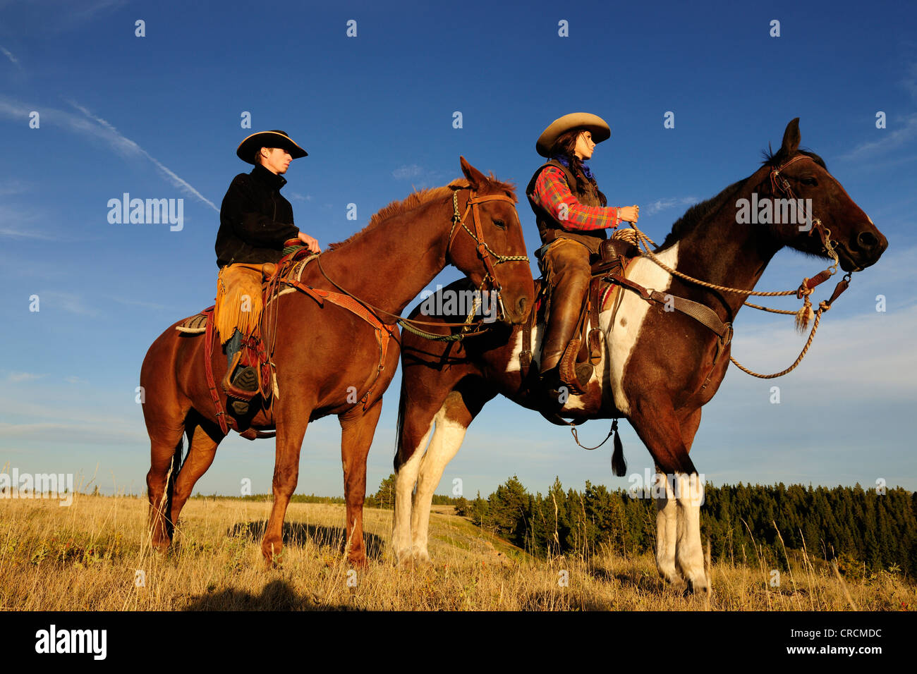 Une cowgirl et un cowboy assis sur leurs chevaux, Saskatchewan, Canada Banque D'Images