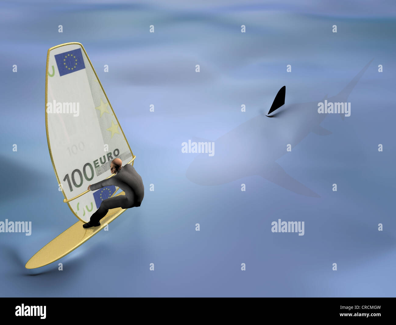 Planche avec une voile faite d'un billet d'euro fuyant d'un requin, illustration, image symbolique de la fuite des capitaux Banque D'Images