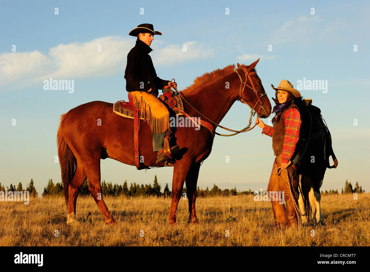 Cowboy et Cowgirl avec les chevaux dans le soleil du soir, Saskatchewan, Canada, Amérique du Nord Banque D'Images