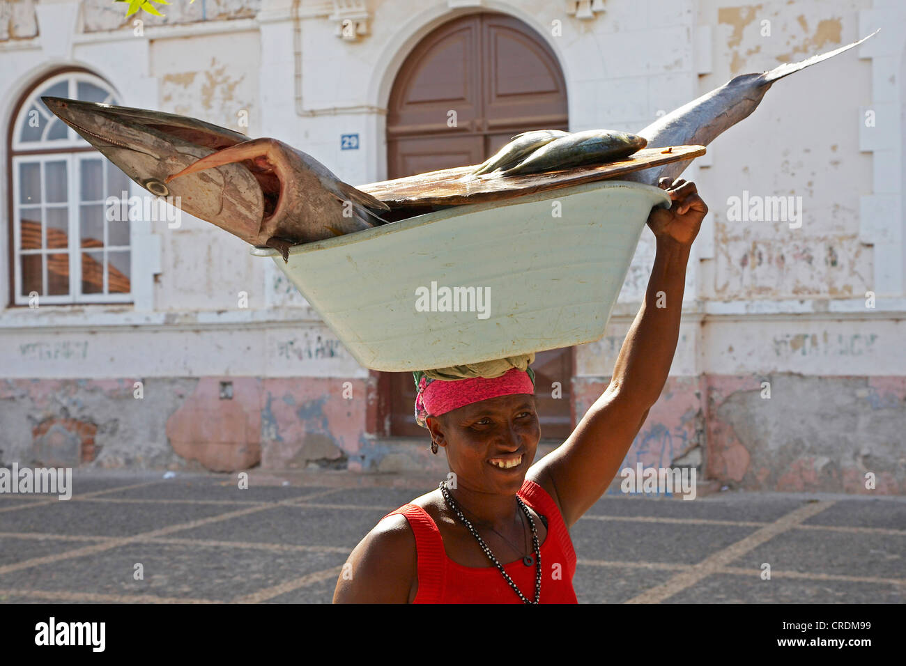 Femme transportant thon blanc dans un bol sur la tête, Cap Vert, Cabo Verde, île de Santiago (Praia Banque D'Images