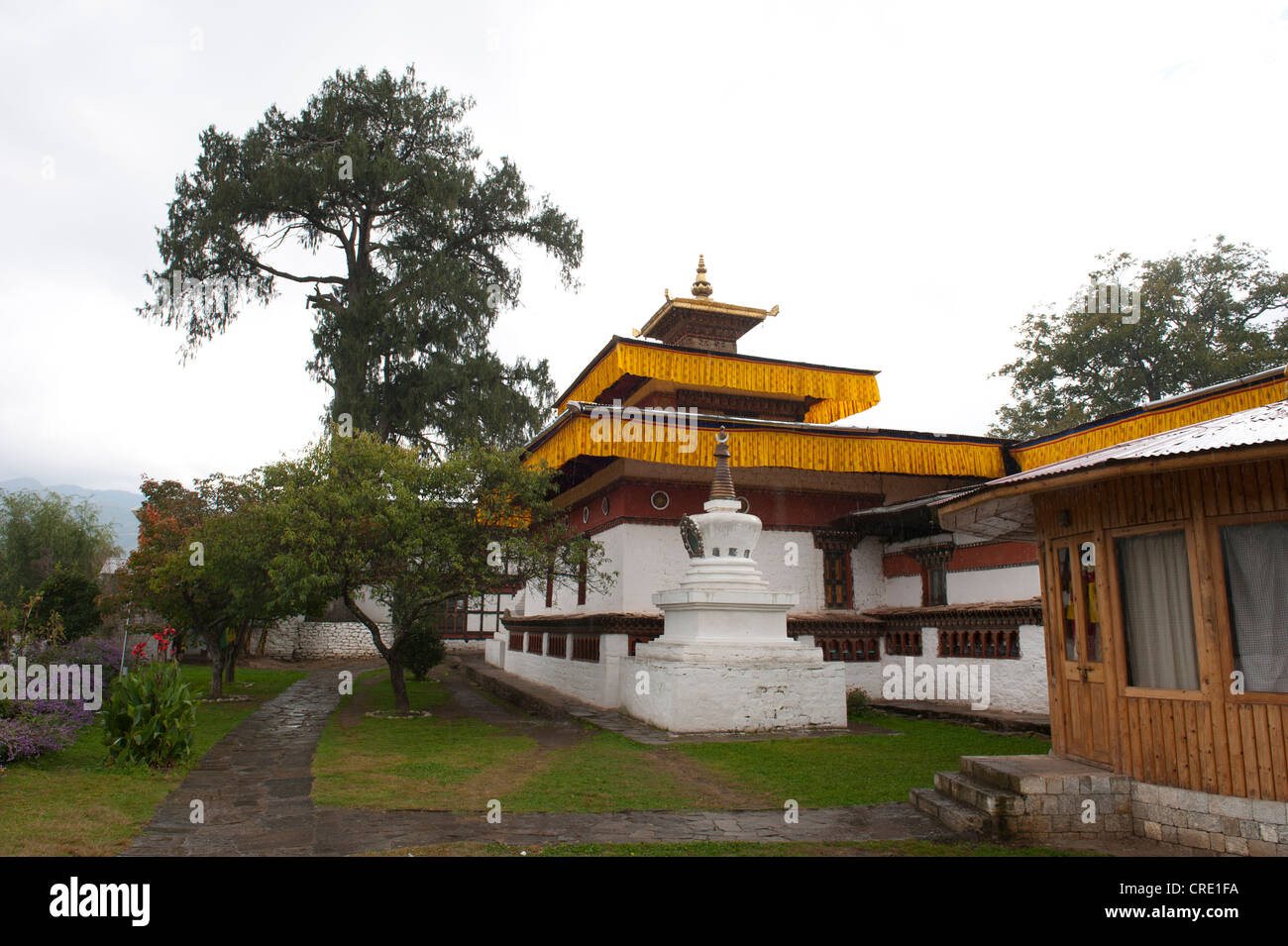 Le bouddhisme tibétain, Kyichu Lhakhang temple et d'un petit stupa et un grand arbre, près de Paro, l'Himalaya, le Bhoutan, l'Asie du Sud, Asie Banque D'Images