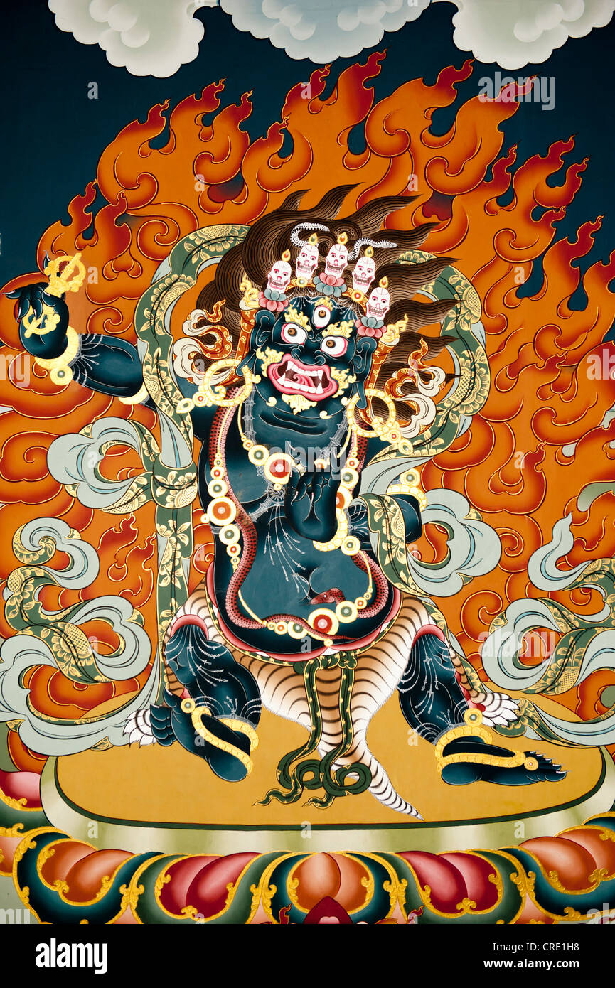 Le bouddhisme tibétain, en flammes, blue demon, Vighnanthaka Vighnari, gardien des mandalas, Tashichho Dzong, siège du gouvernement Banque D'Images