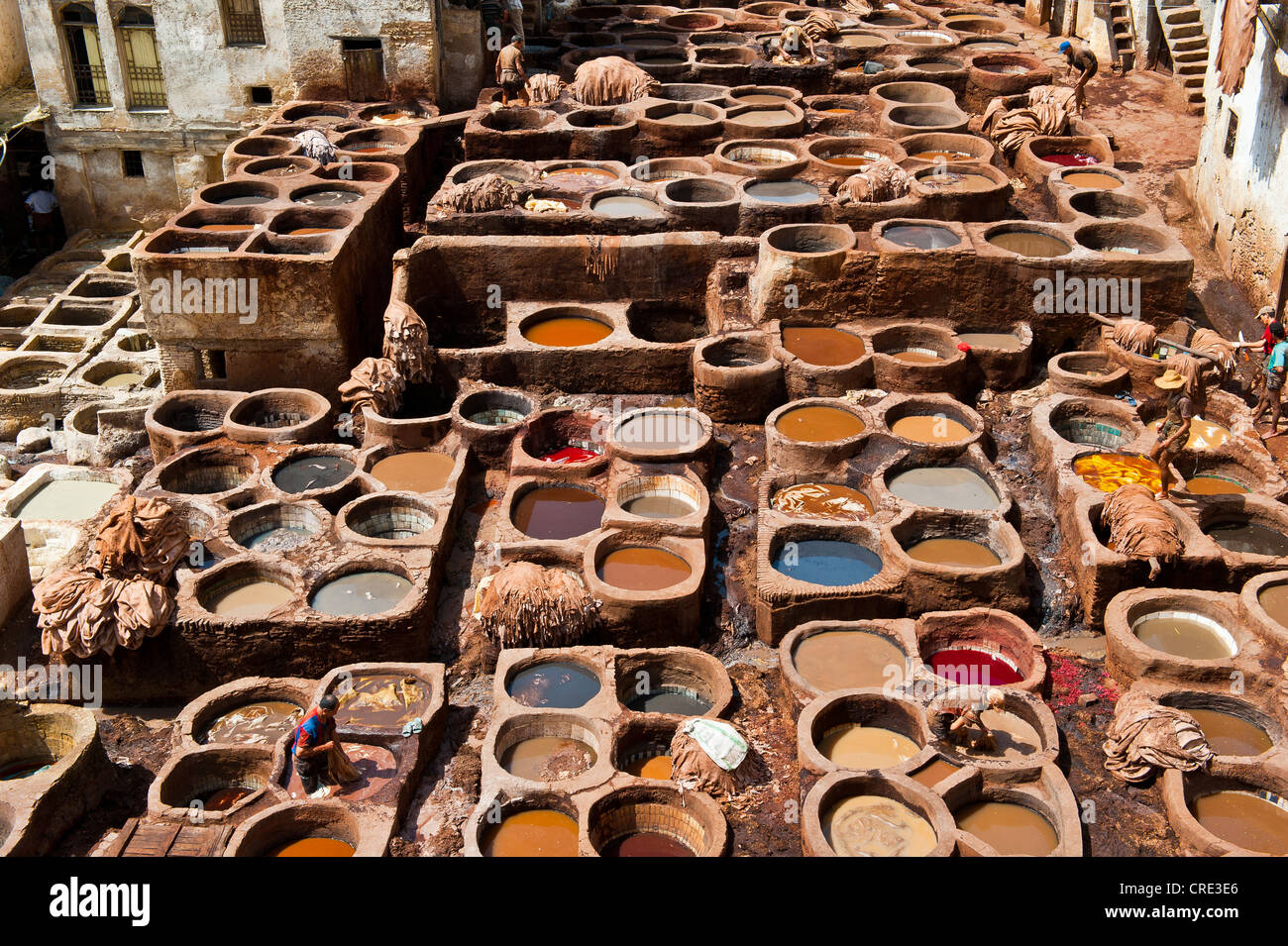 Les tanneries traditionnelles avec cuves de mourir, la vieille ville ou médina de Fès ou Fez, Site du patrimoine mondial de l'UNESCO, le Maroc, l'Afrique Banque D'Images