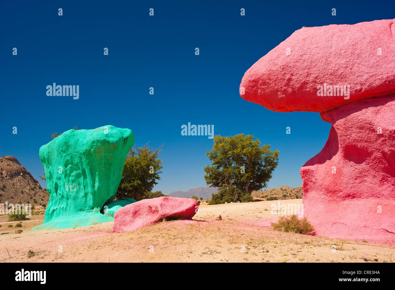 Roches Peintes par le peintre belge Jean Verame près de Tafraoute, Anti-Atlas ou moindre gamme Atlas, le Sud Marocain, Maroc Banque D'Images