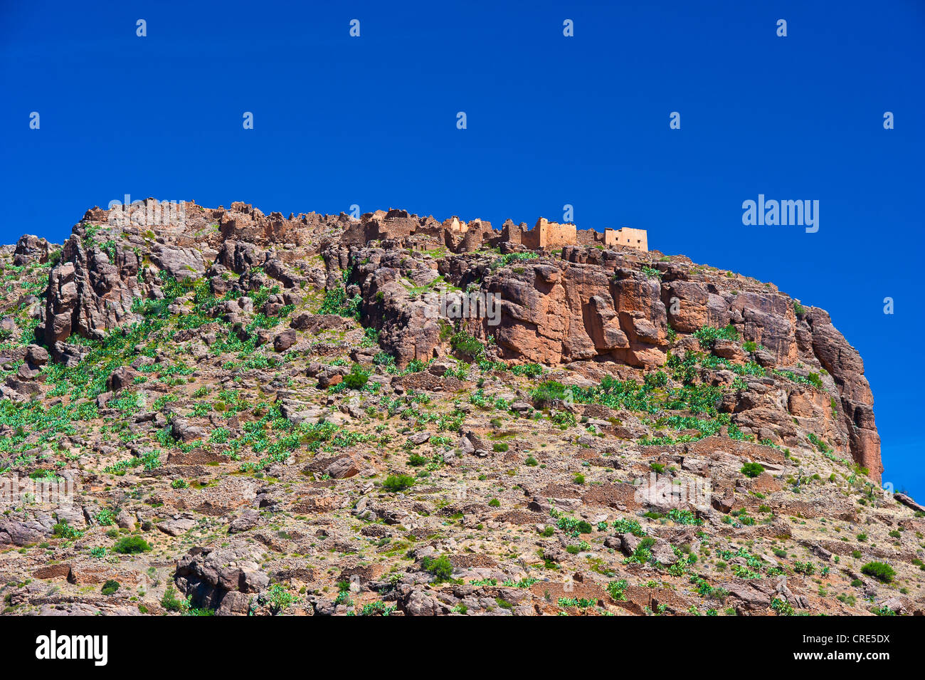 Vestiges, ruines d'un village berbère, Ksar Taghaout, sur le sommet d'une montagne, l'Ait Mansour, Anti-Atlas Vallée Banque D'Images