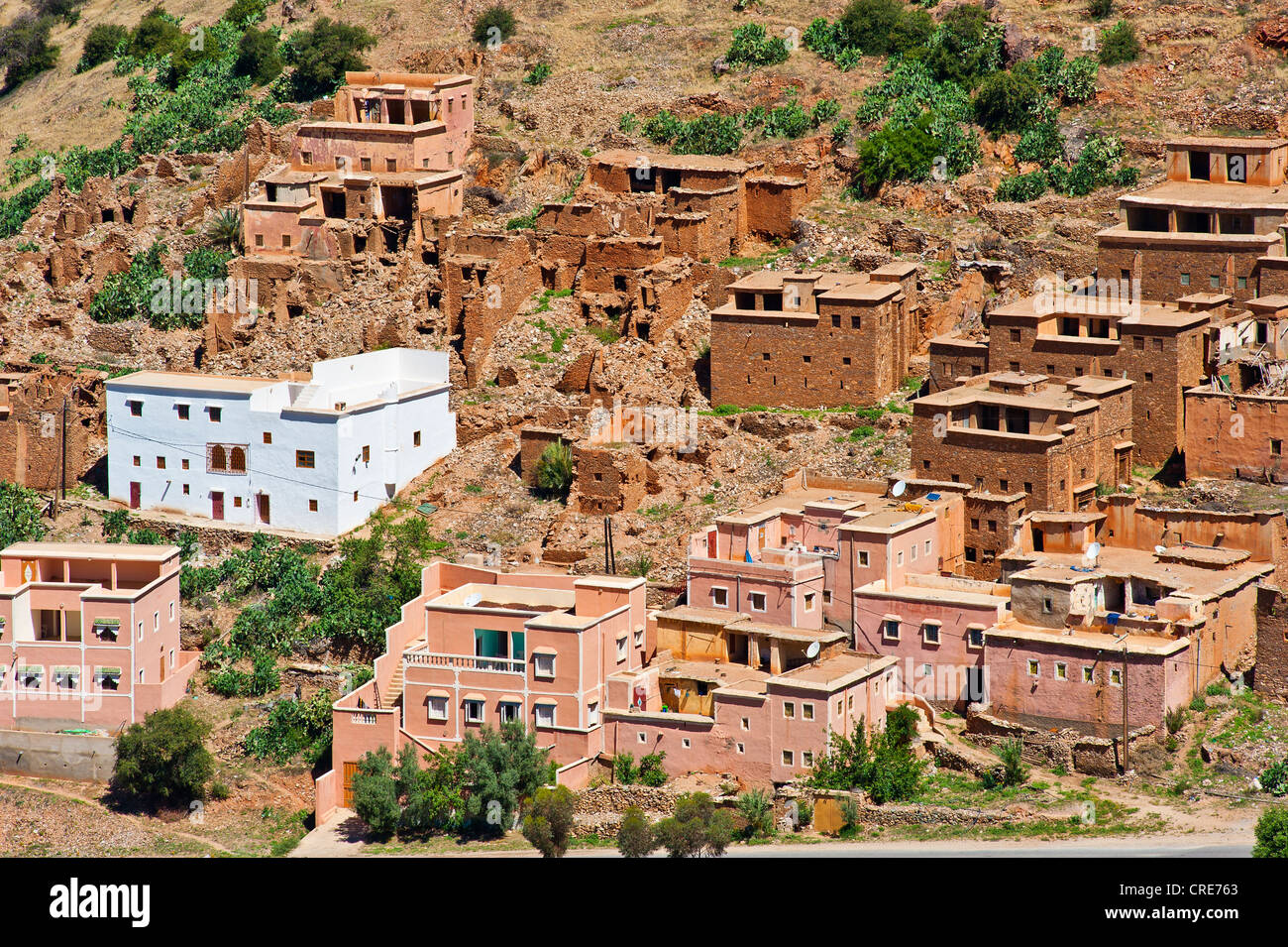 Village traditionnel typique avec des maisons peintes de couleurs vives les Berbères dans l'Anti-Atlas, dans le sud du Maroc, Maroc Banque D'Images