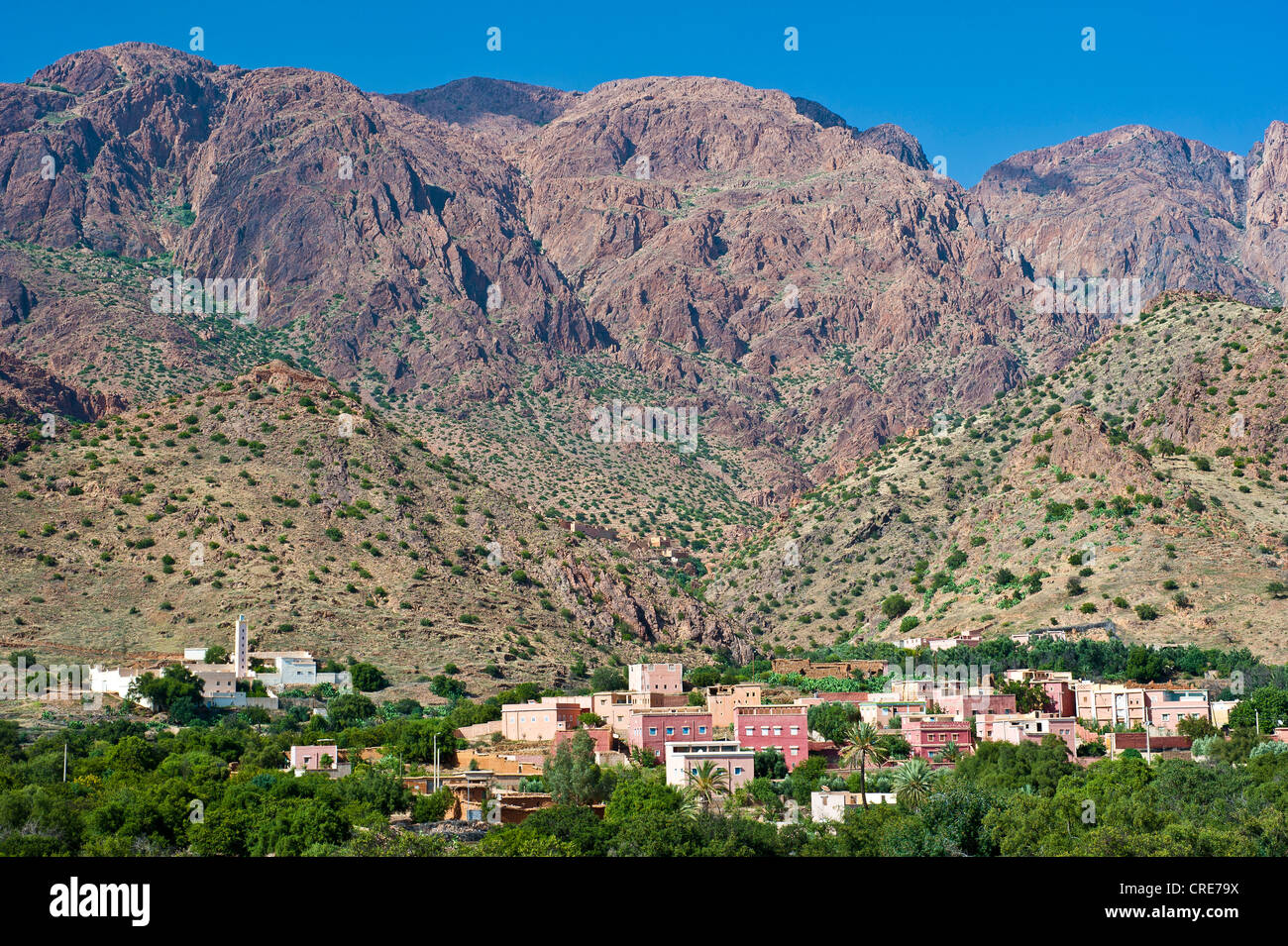 Paysage typique de montagne dans l'Anti-Atlas, un village dans une vallée entourée d'arbres, de montagnes de l'Anti-Atlas Banque D'Images