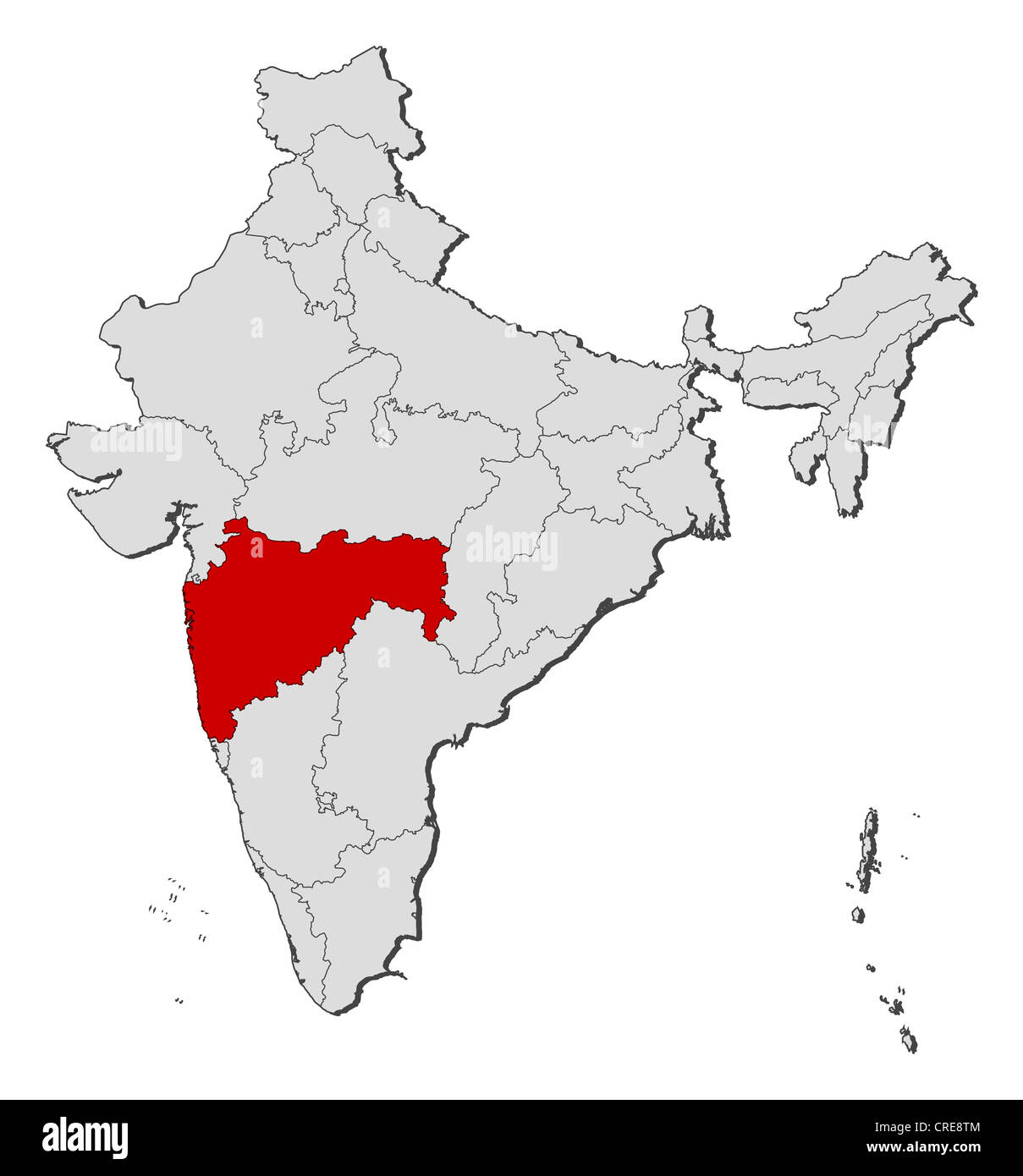 Carte politique de l'Inde avec les divers États du Maharashtra où est mis en évidence. Banque D'Images