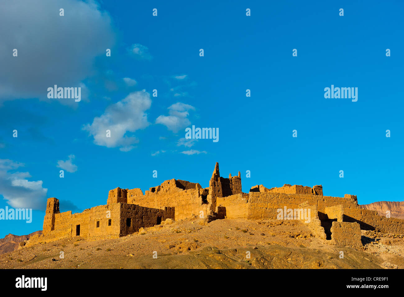 Kasbah en ruine sur une colline, une ancienne maison des Berbères d'adobe, vallée du Drâa, sud du Maroc, Maroc, Afrique Banque D'Images