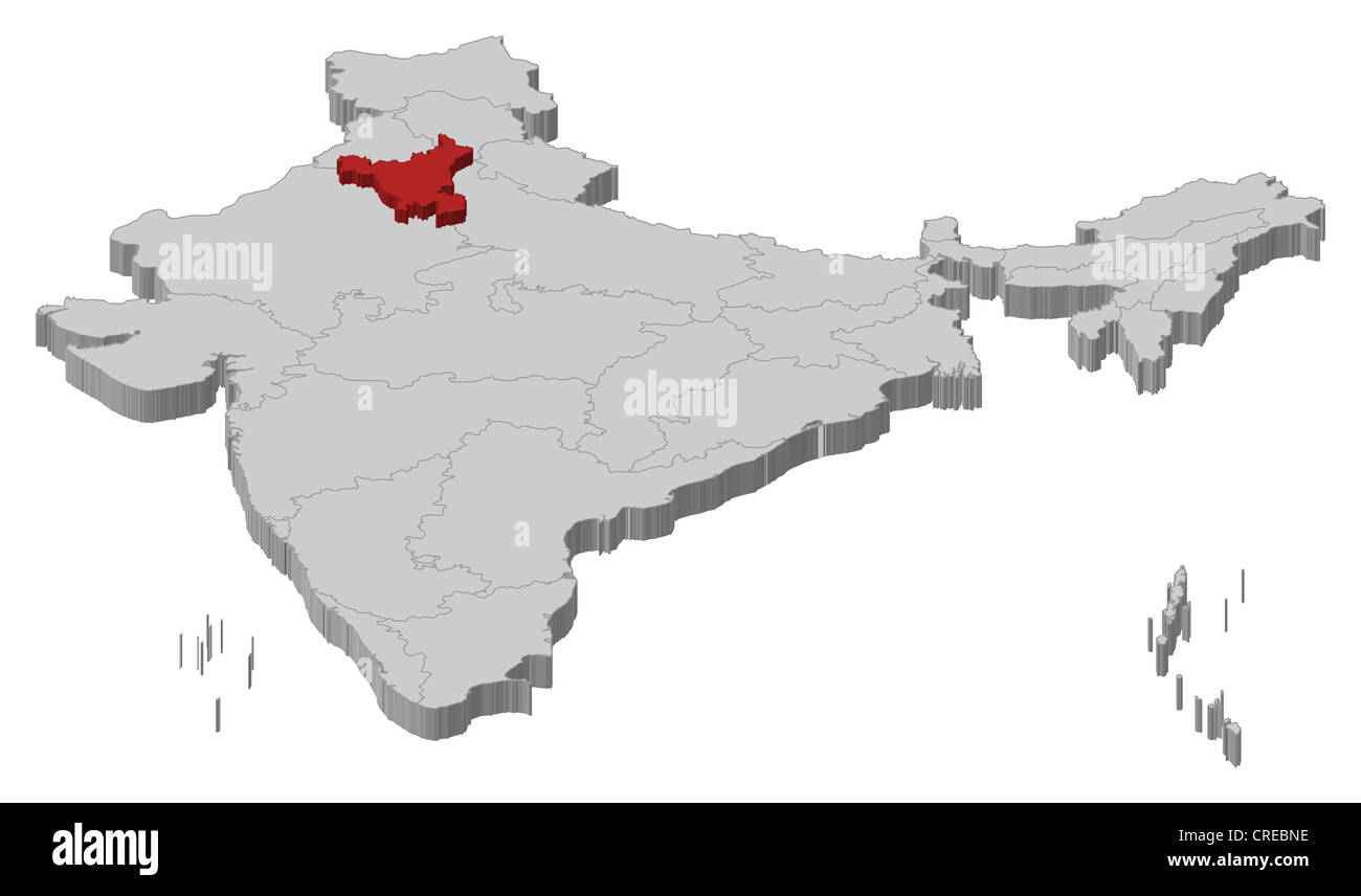 Carte politique de l'Inde avec les divers états de l'Haryana où est mis en évidence. Banque D'Images