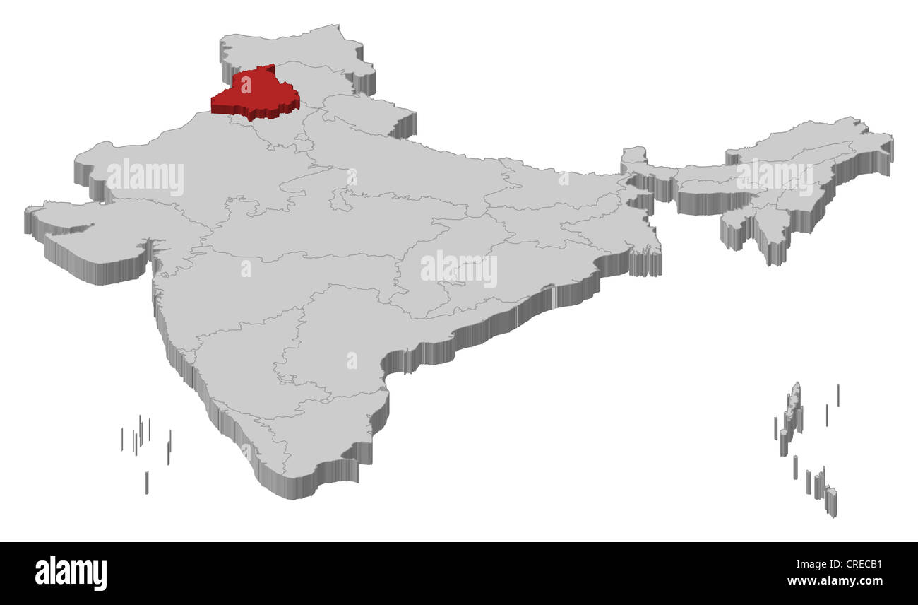 Carte politique de l'Inde avec les divers états du Pendjab où est mis en évidence. Banque D'Images