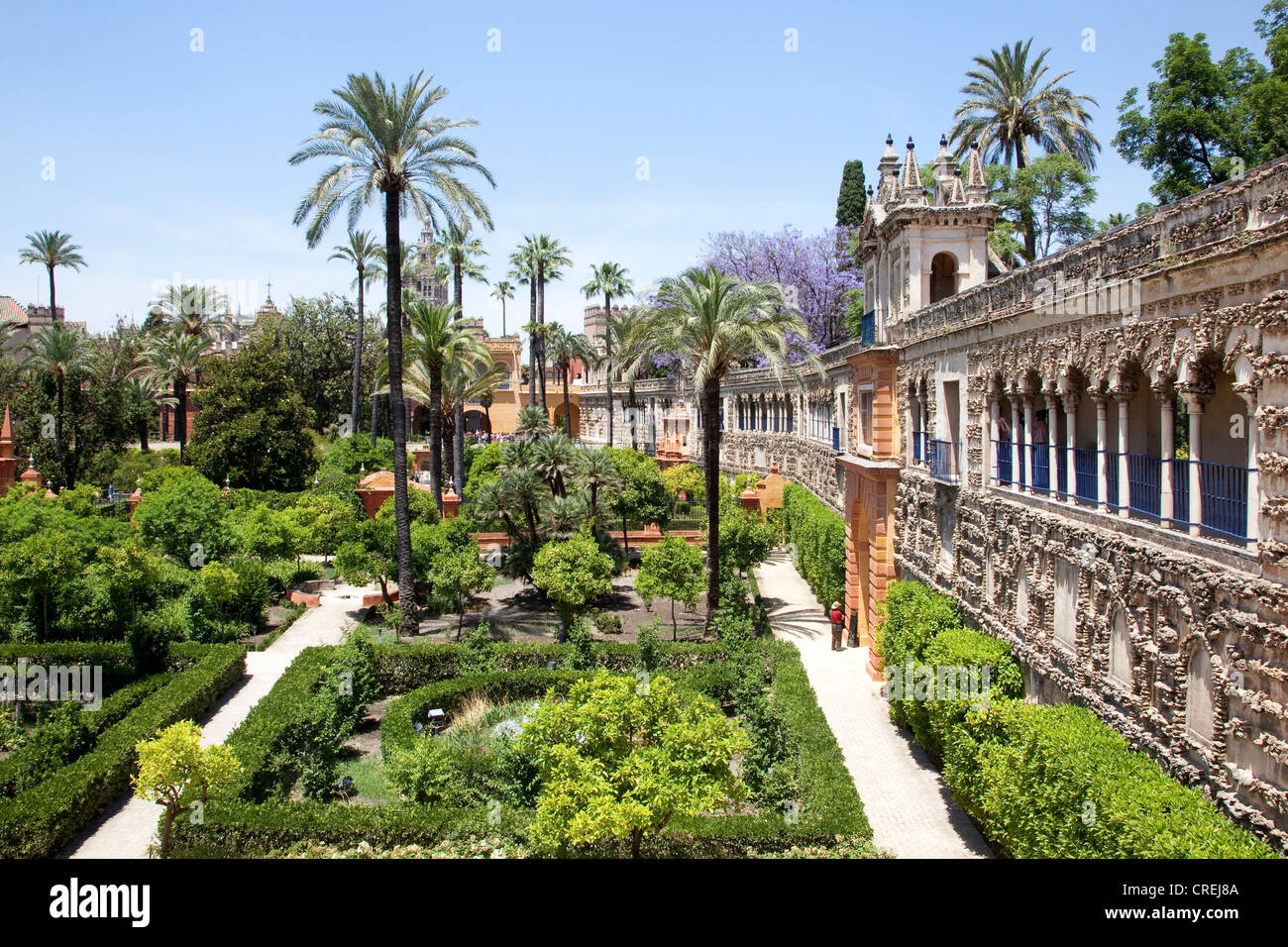 L'architecture de jardin dans les jardins de la palais du Roi maure de l'Alcazar, UNESCO World Heritage Site, Séville, Andalousie Banque D'Images