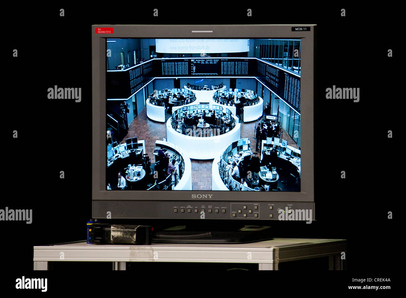 Écran d'une station de télévision sur le parquet de la Bourse de Francfort, Deutsche Börse AG, Frankfurt am Main, Hesse Banque D'Images