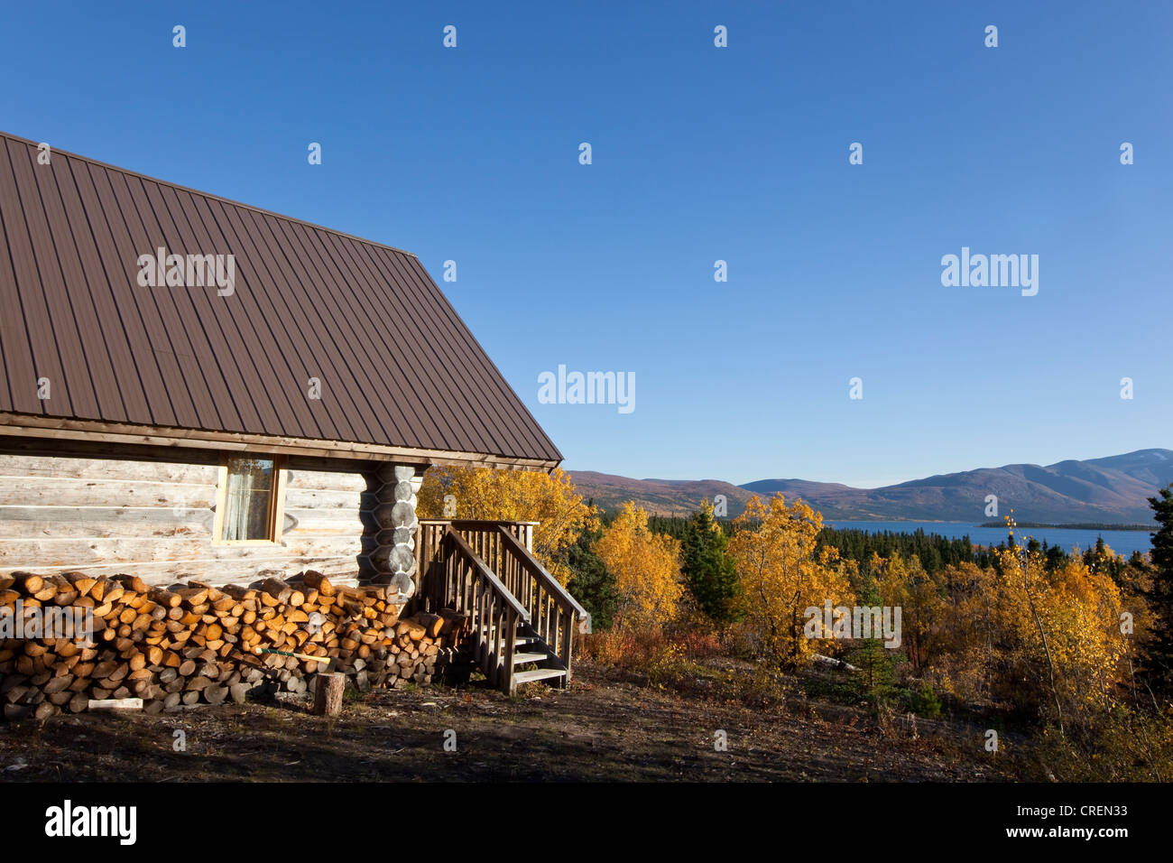 Log Cabin, bois, poisson du lac derrière, automne, été Indien, Territoire du Yukon, Canada Banque D'Images