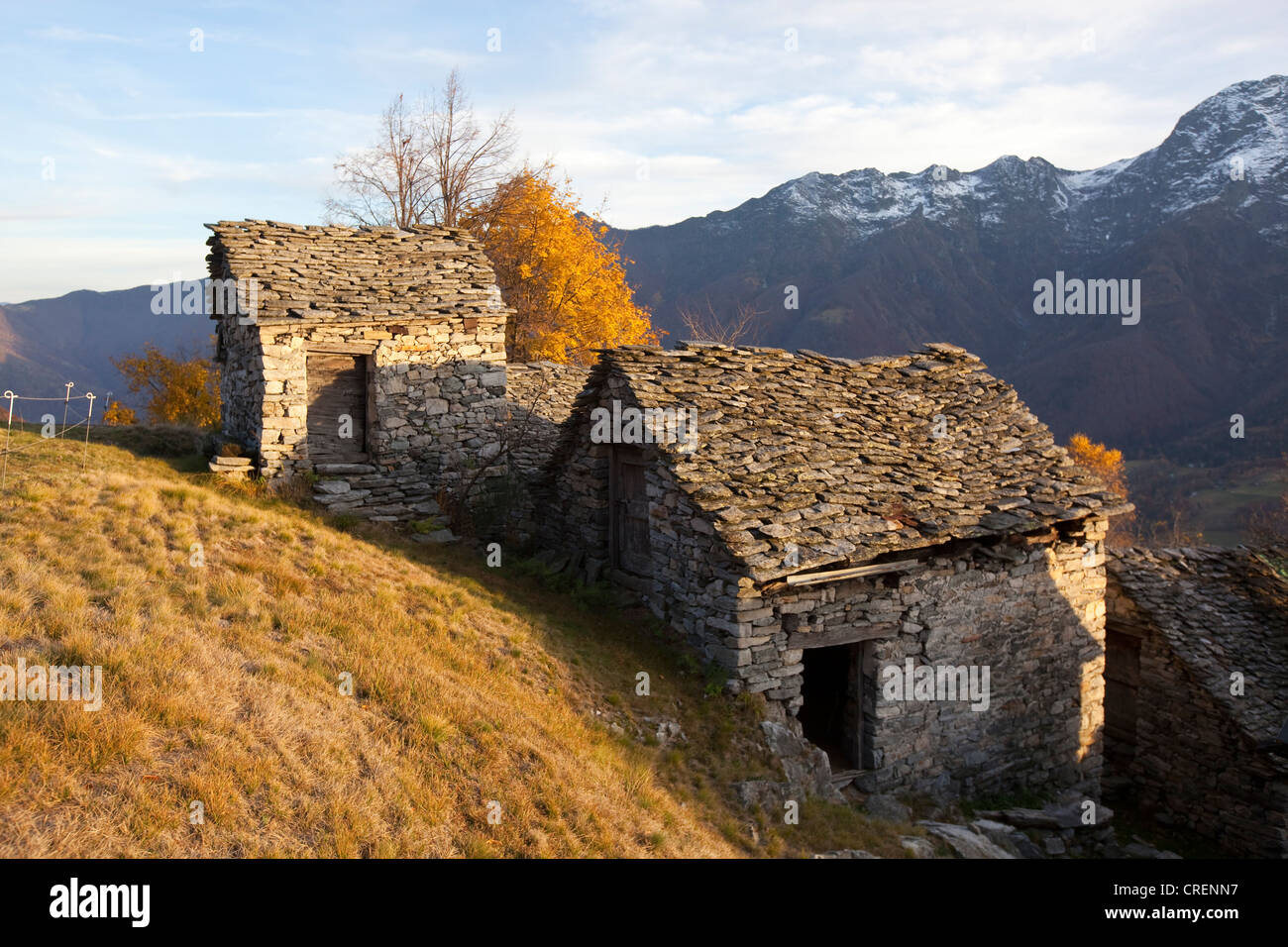 Maisons de ferme en pierre traditionnelle, Rustico, automne, près de Lionza, Tessin, Suisse, Europe Banque D'Images