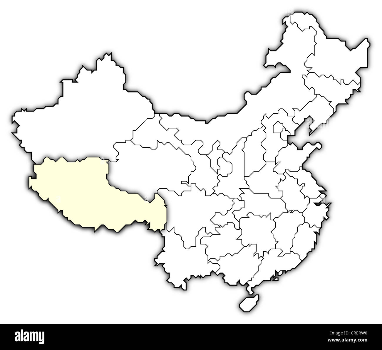 Carte politique de la Chine avec les diverses provinces où le Tibet est en surbrillance. Banque D'Images