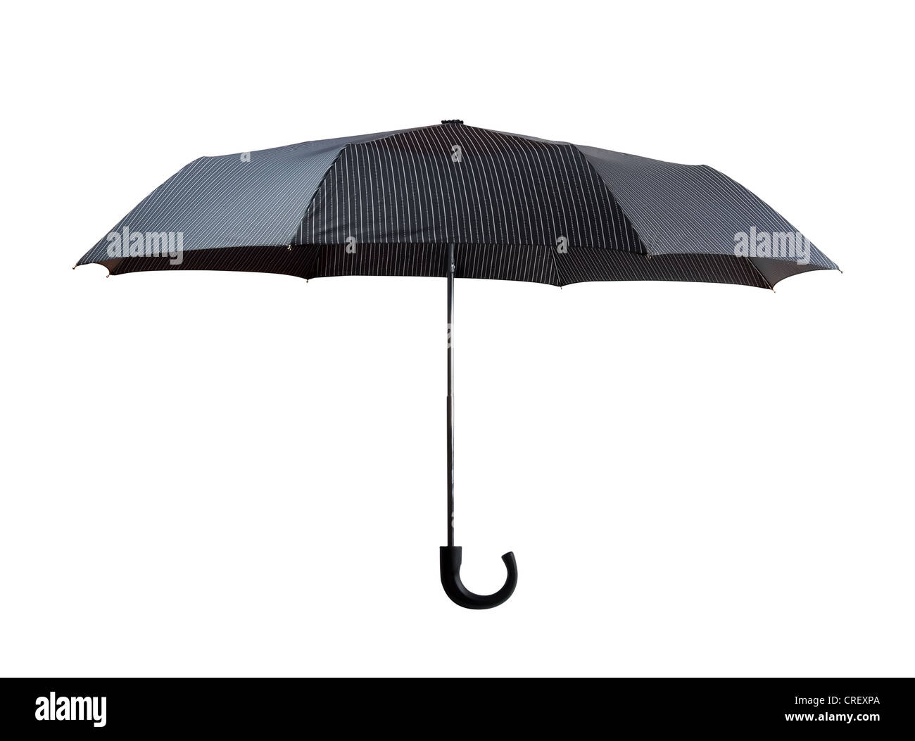Parapluie à rayures gris foncé ouvert isolated on white Banque D'Images