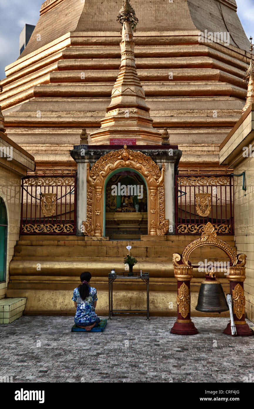 Le Myanmar, Birmanie, Yangon. La pagode Sule. Femme priant devant la Statue de Bouddha. Banque D'Images