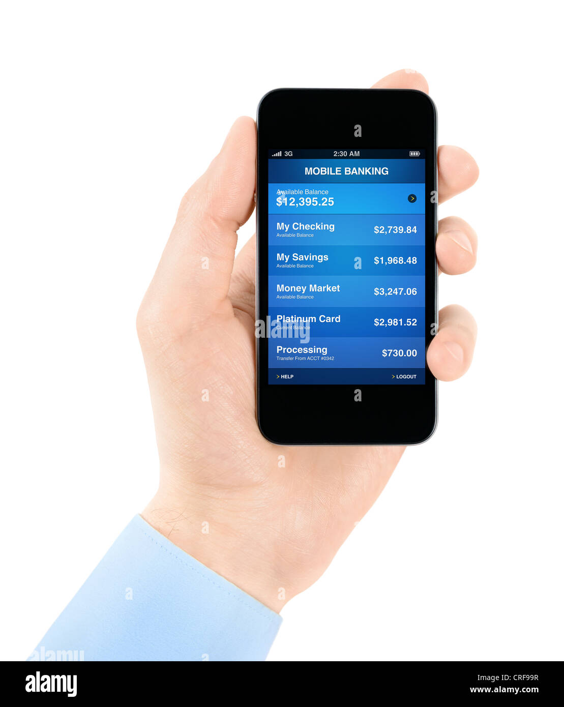 Main tenant téléphone intelligent avec application bancaire mobile sur un écran. Isolé sur blanc. Banque D'Images