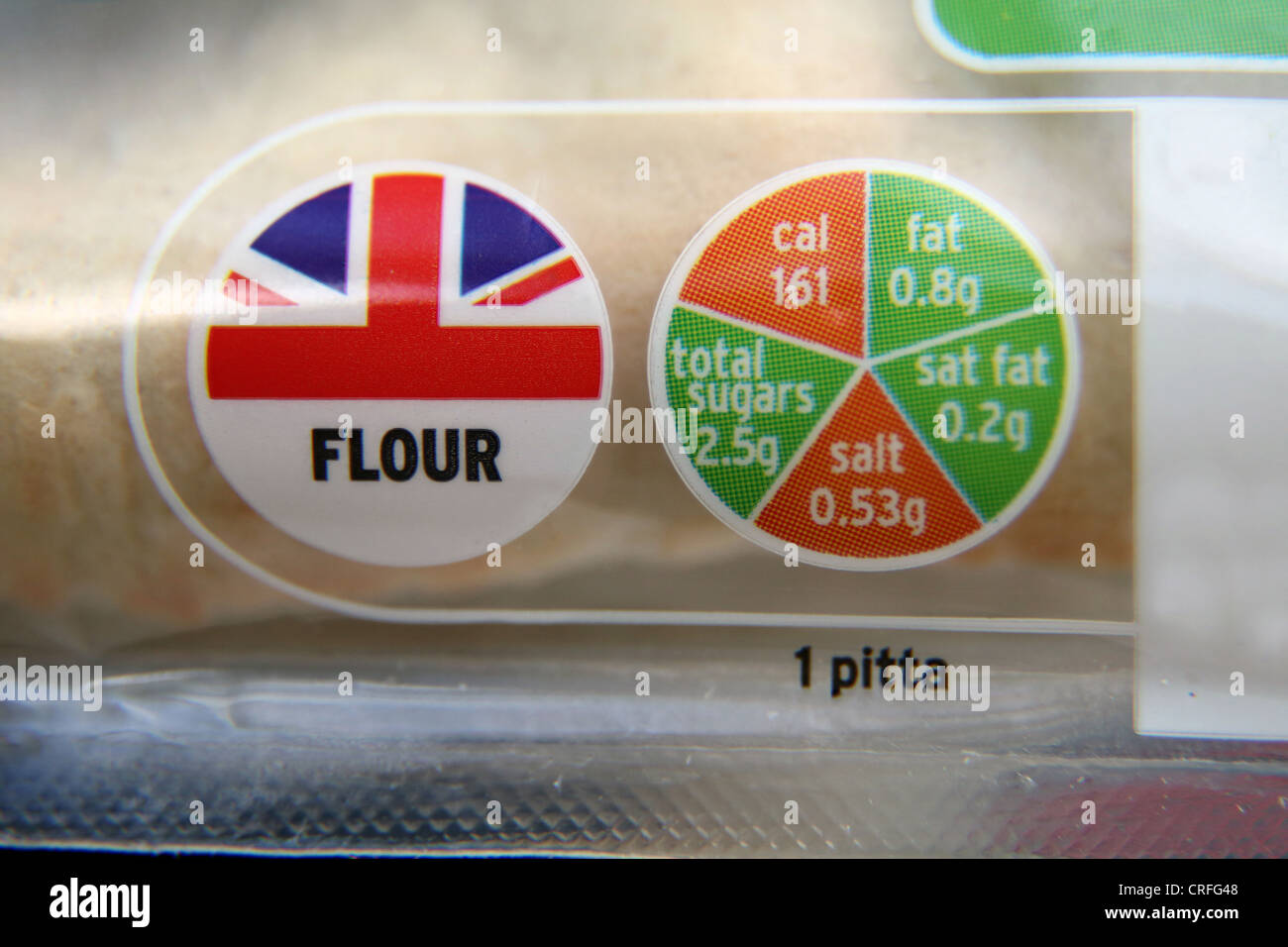 L'emballage de pain pitta montrant Calories, lipides, graisses saturées, sucres et sel dans un système de feux de circulation Banque D'Images