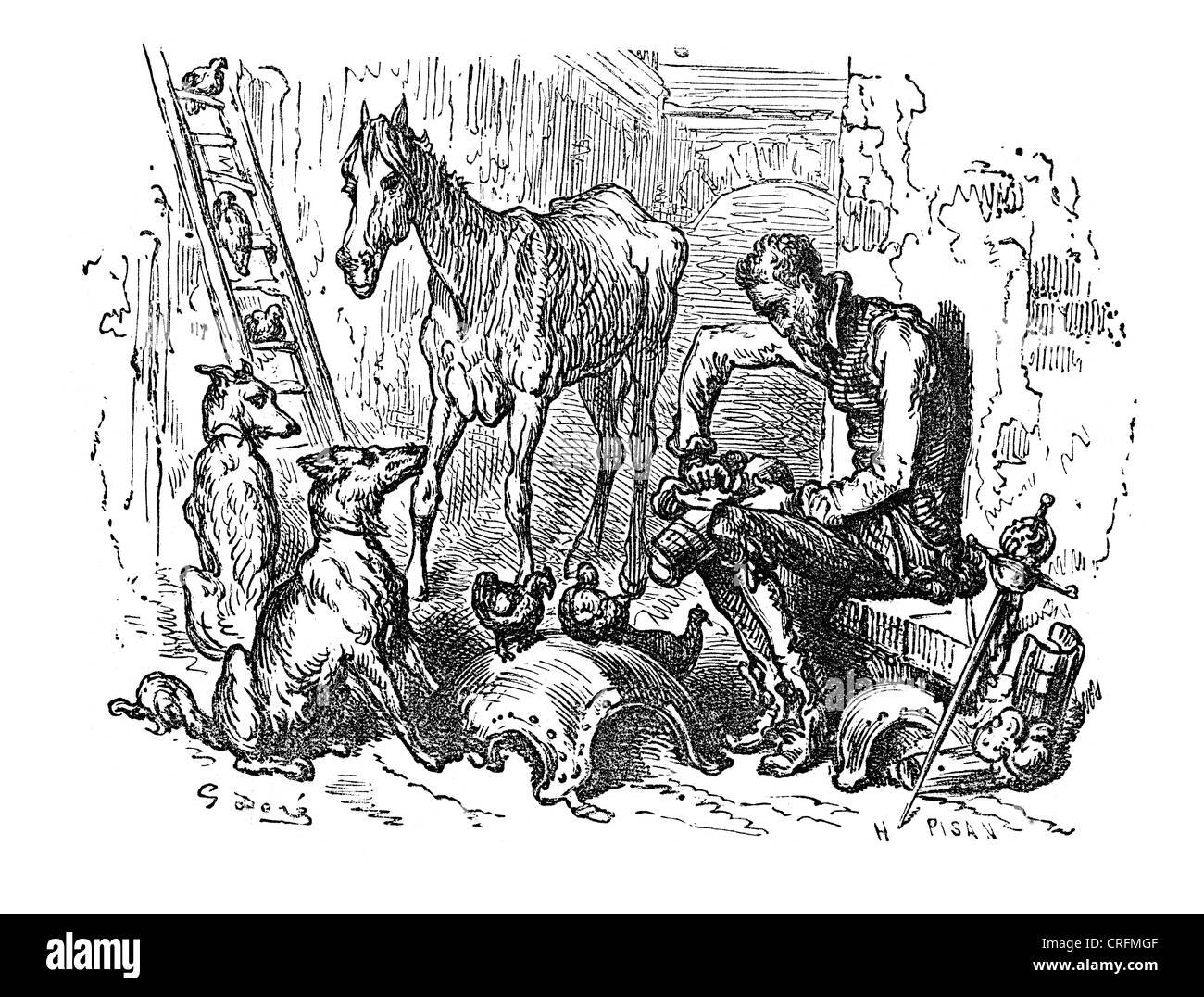 Nettoyage Don Quichotte de son armure. Illustration par Gustave Dore de Don Quichotte. Banque D'Images