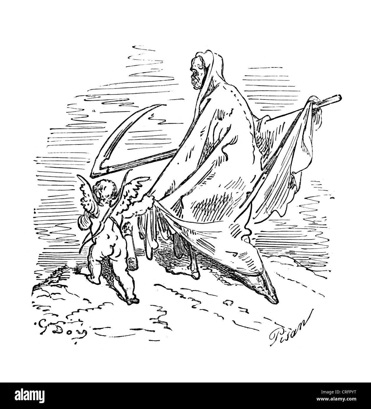 Cupidon et la grande faucheuse. Illustration par Gustave Dore de Don Quichotte. Banque D'Images